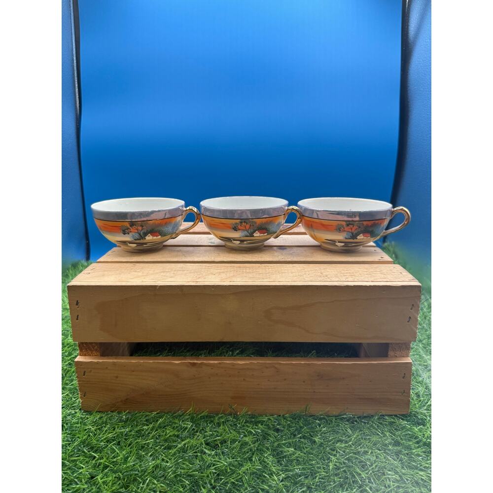 Vintage Japanese Lusterware Teacups –Set of 3 Hand-Painted Sunset Landscape Cups